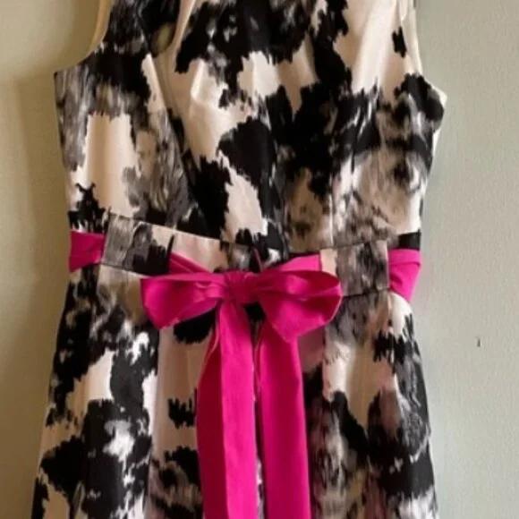 EUC -Jessica Howard Women's Floral Black & White/Pink Bow Belted Dress-Size 12 - Picture 2 of 11